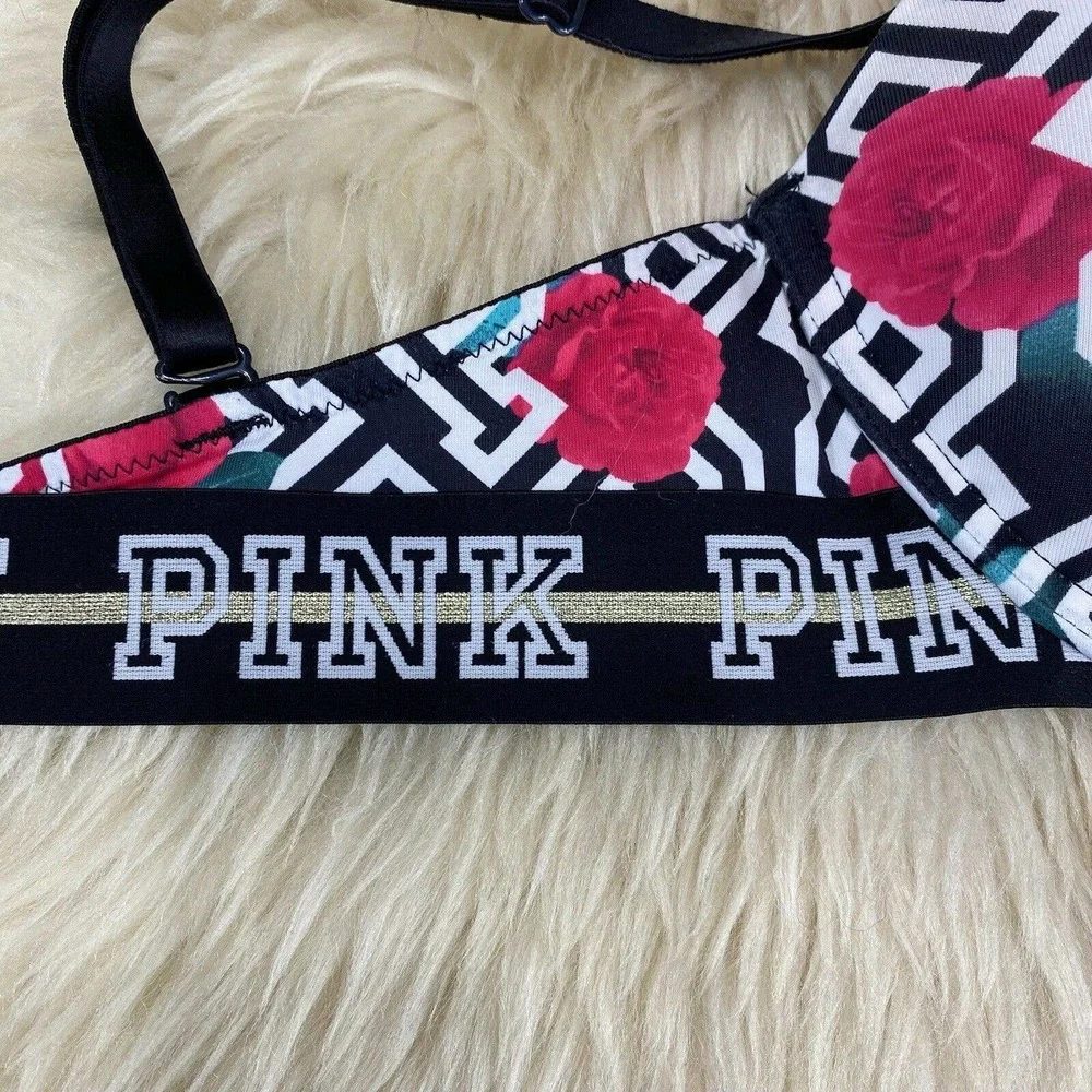 Victoria's Secret PINK Wear Everywhere Push-Up Bra 32DD Black Red Rose Logo - Picture 5 of 7
